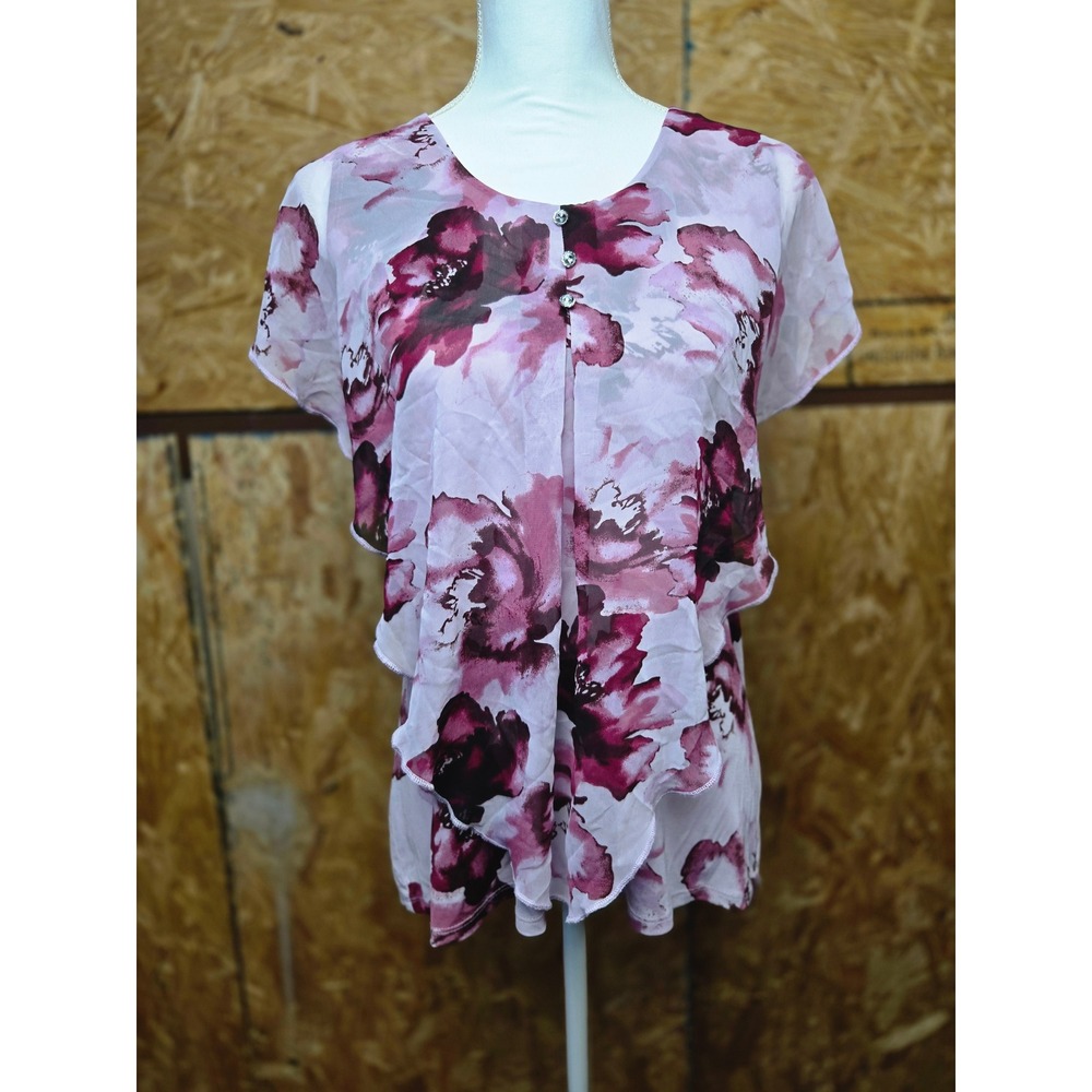 Adele & May Pink Floral Layered Ruffle Blouse Rhinestone Buttons Small 11327HF